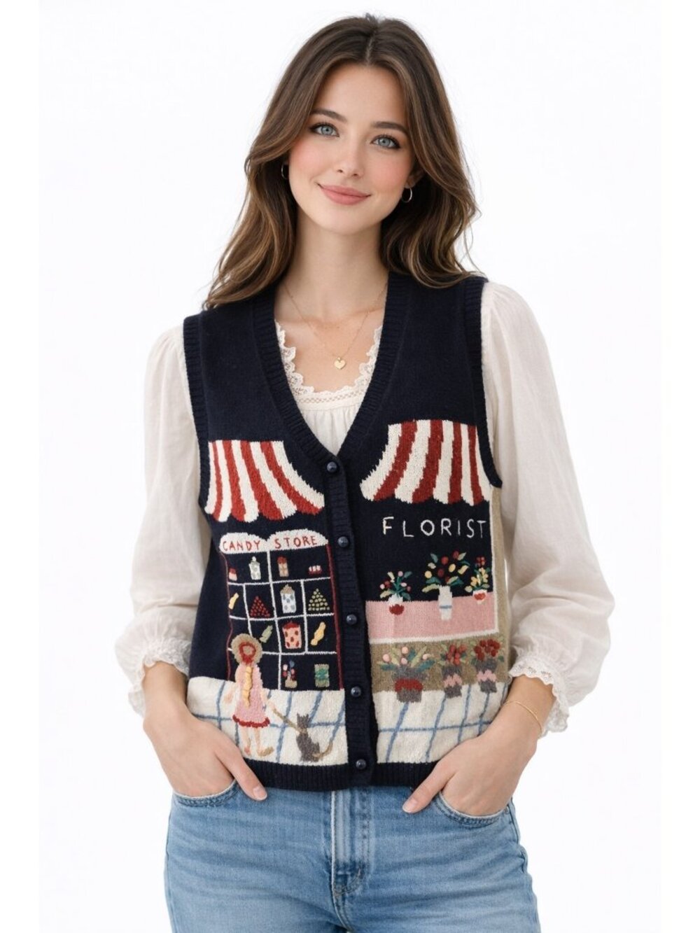 Vintage Sweater Vest Sz Lg Candy Store Florist Scene Button Front Cottage Core